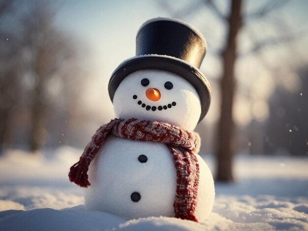 snowman with a hat and scarf on it in the snow