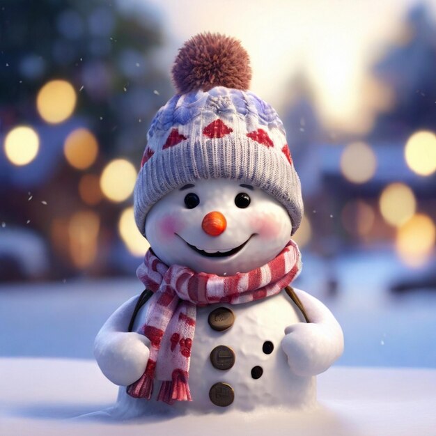 snowman with a hat and scarf on it in the snow