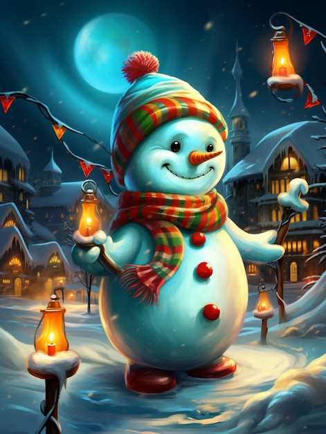 a snowman with a hat and scarf in a snowy night