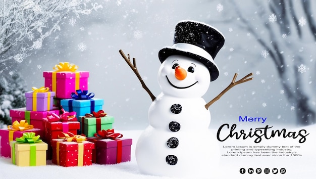 Photo a snowman with a hat and scarf standing in the snow saying merry christmas amp new year psd jpg