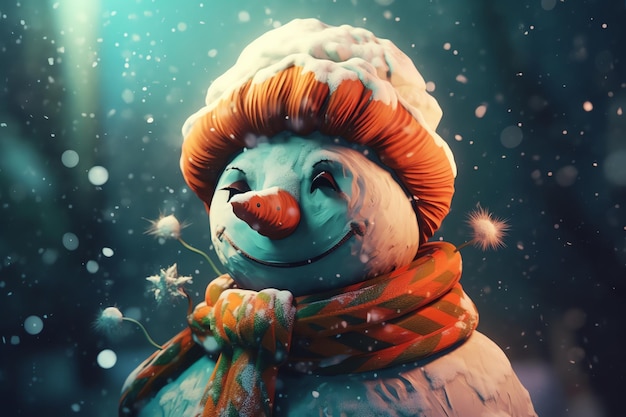 A snowman with a hat and scarf with snowflakes on it