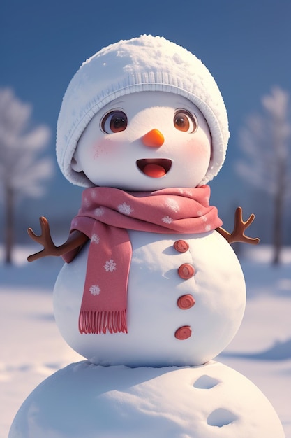 A snowman with a hat and scarf