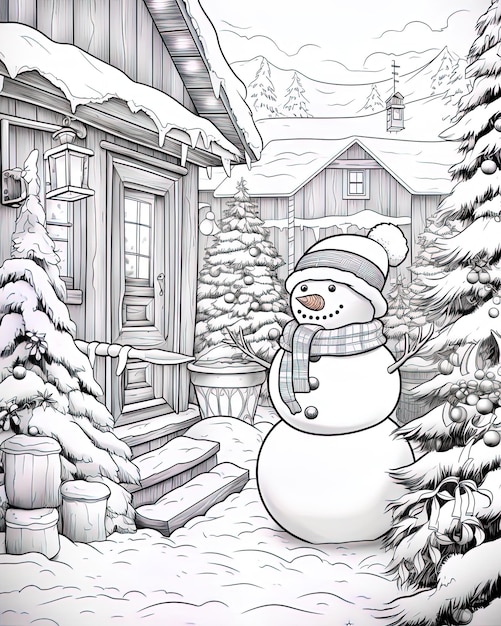 Photo a snowman with a hat and a snowman in front of a house