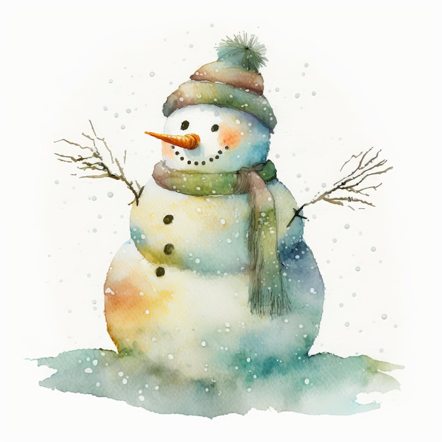 Snowman with hat watercolor style Generative AI