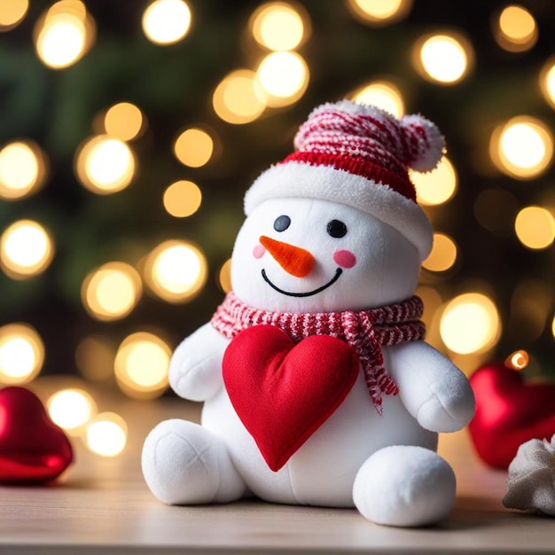 a snowman with a heart on his hat sits on a table