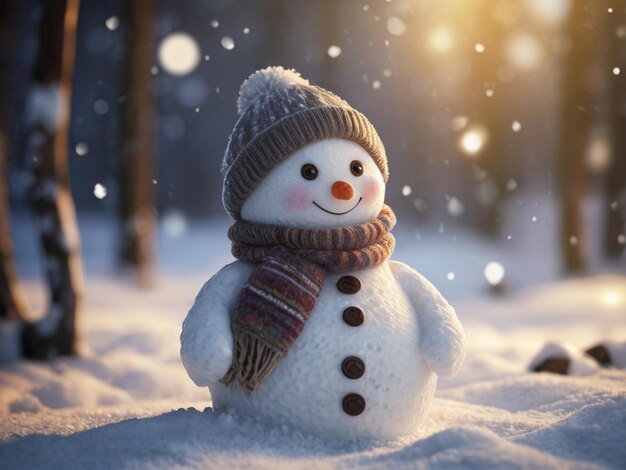 a snowman with his hands up in the air and the snow in the background is a house with lights behind him