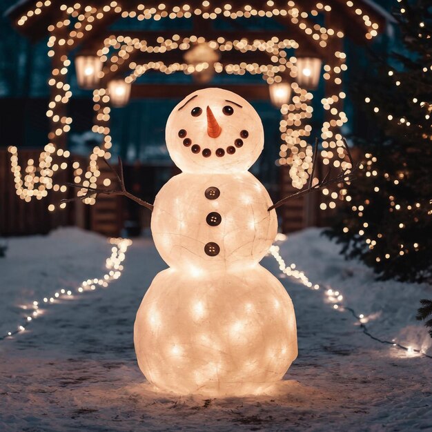 Photo a snowman with lights around it and a snowman in the background