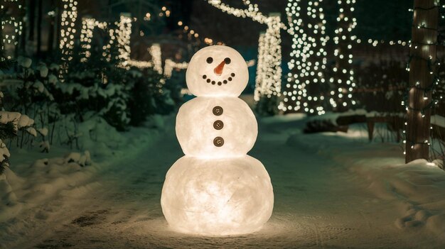 Photo a snowman with lights in the background and a snowman in the background