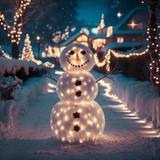 Photo a snowman with lights and a snowman in the background