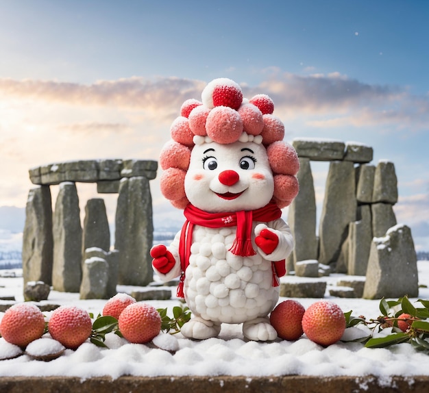 Snowman with lychee and stonehenge in background England UK