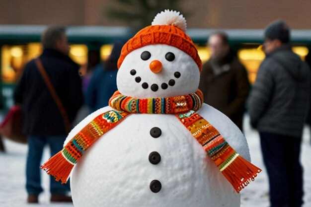 a snowman with a orange hat and a scarf around it