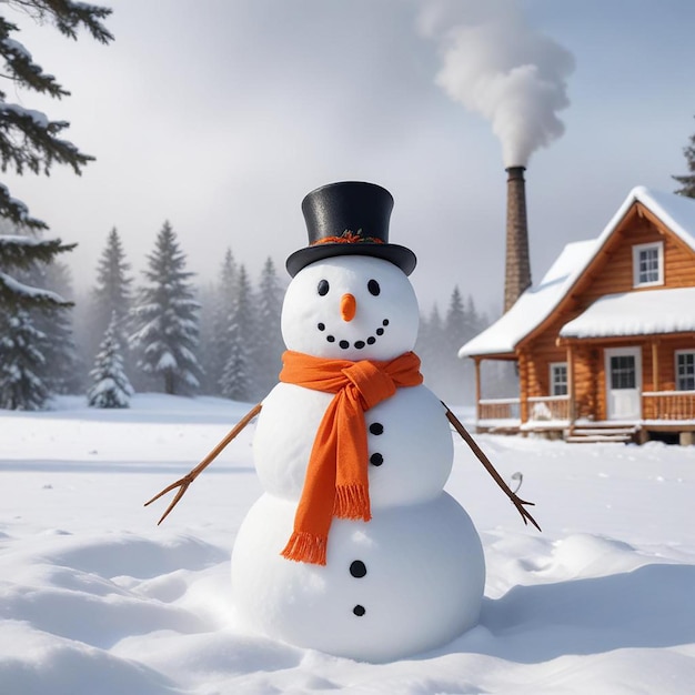 Photo a snowman with a orange scarf and a hat on it