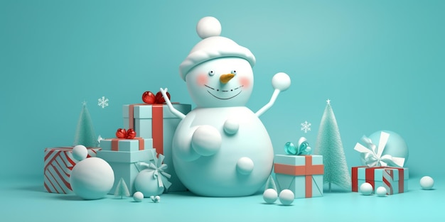 A snowman with presents and christmas tree decorations