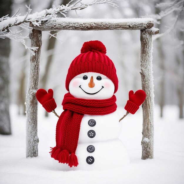 a snowman with a red hat and gloves on it