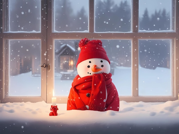 snowman with a red hat and a red bell