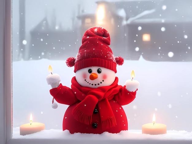 a snowman with a red hat and a red hat with candles in the snow.