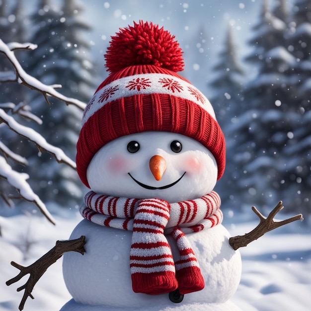 a snowman with a red hat and a red hat with snow on it