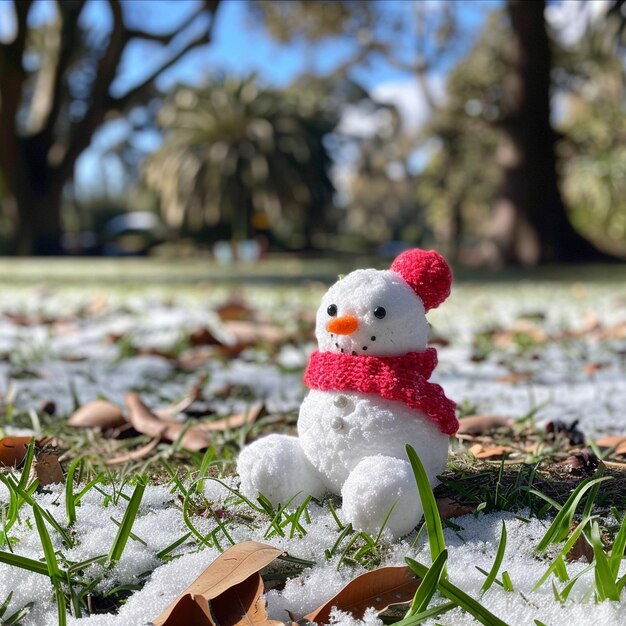 Photo a snowman with a red hat and a red scarf sits in the snow