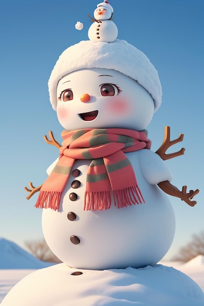 A snowman with a red hat and a red scarf stands in the snow.