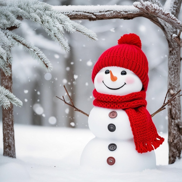 a snowman with a red hat and a red scarf