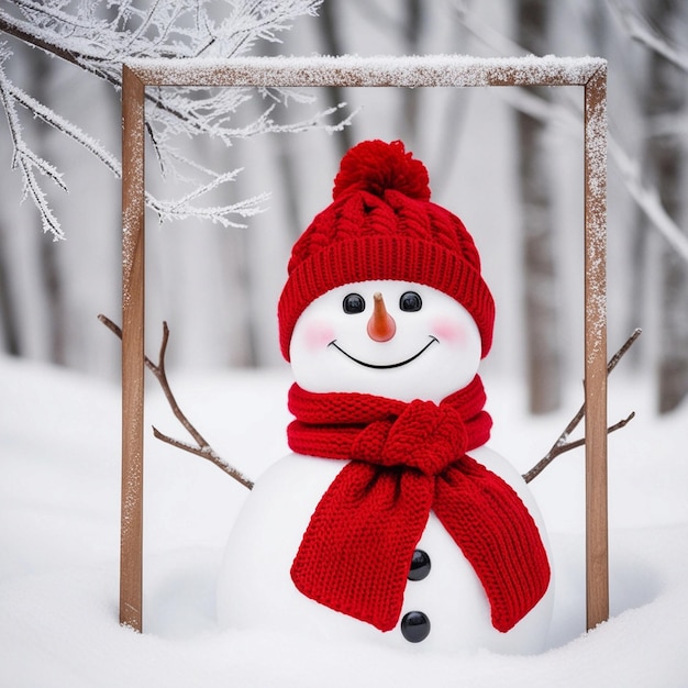 Photo a snowman with a red hat and a red scarf