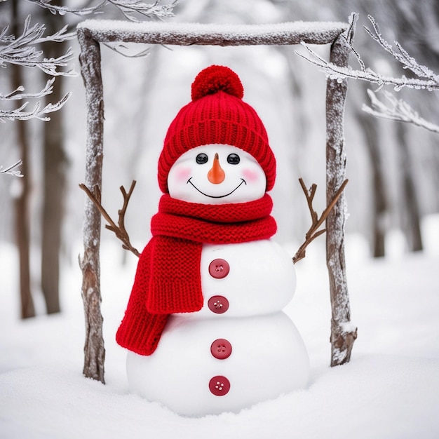 a snowman with a red hat and a red scarf