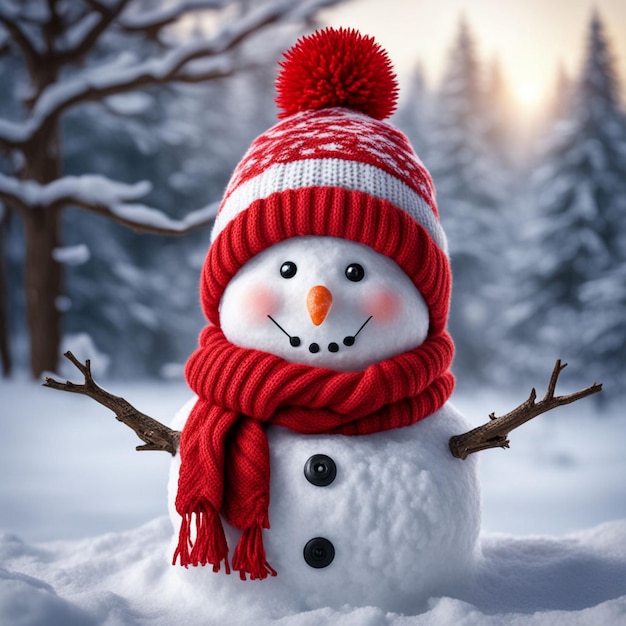 a snowman with a red hat and a red scarf