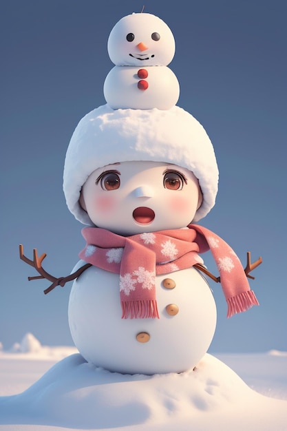 A snowman with a red hat and a red scarf