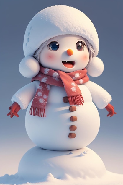 A snowman with a red hat and a red scarf