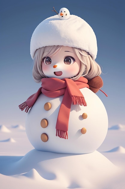 A snowman with a red hat and a red scarf