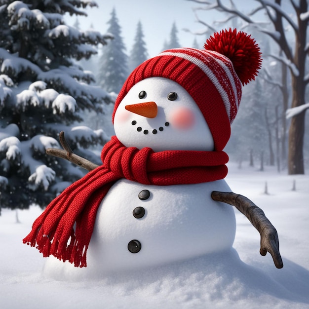 Photo a snowman with a red hat and scarf is covered in snow