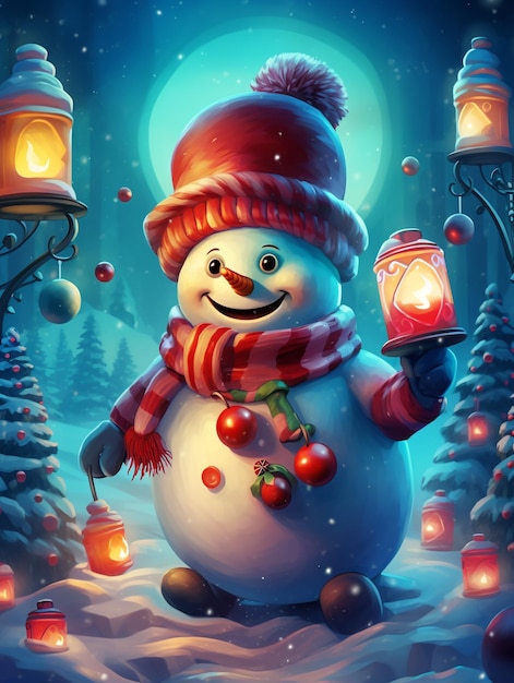 a snowman with a red hat and scarf is holding a lantern