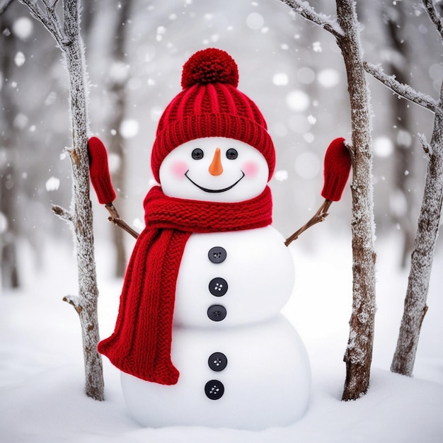 Photo a snowman with a red hat and scarf is standing in the snow