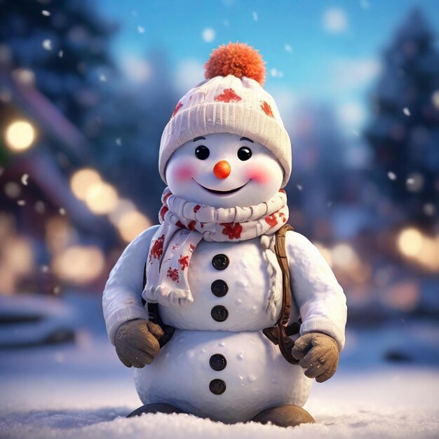 a snowman with a red hat and a scarf is standing in the snow