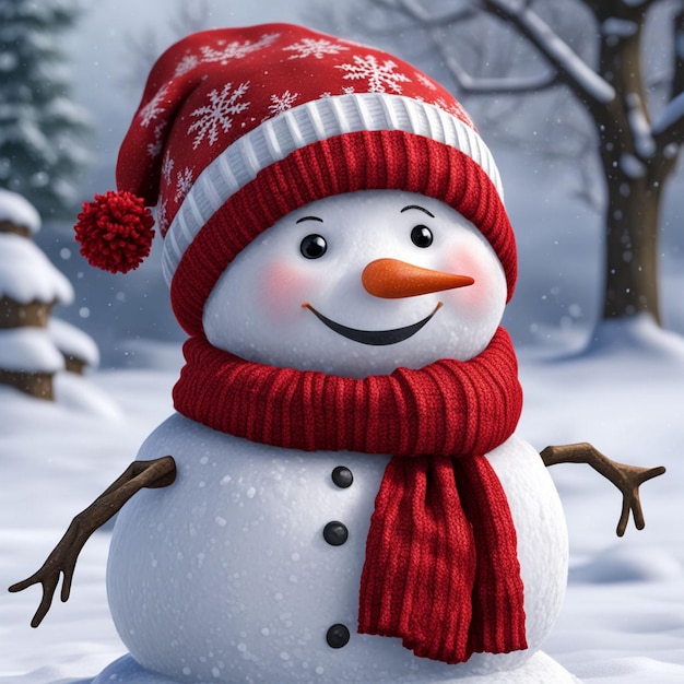 a snowman with a red hat and scarf is standing in the snow