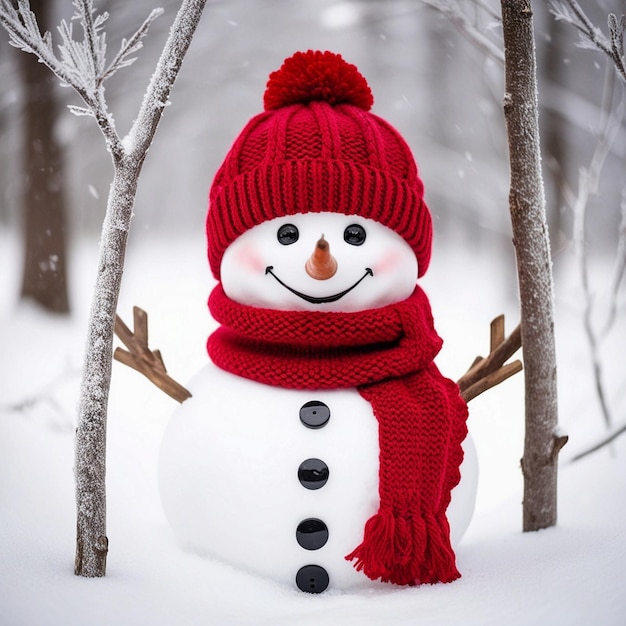 a snowman with a red hat and scarf and scarf