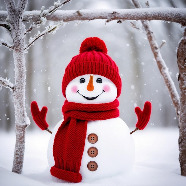 Photo a snowman with a red hat and scarf and scarf