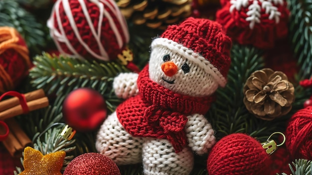 a snowman with a red hat and scarf sits in front of a christmas tree