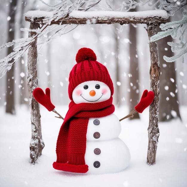 Photo a snowman with a red hat and a scarf that says snowman