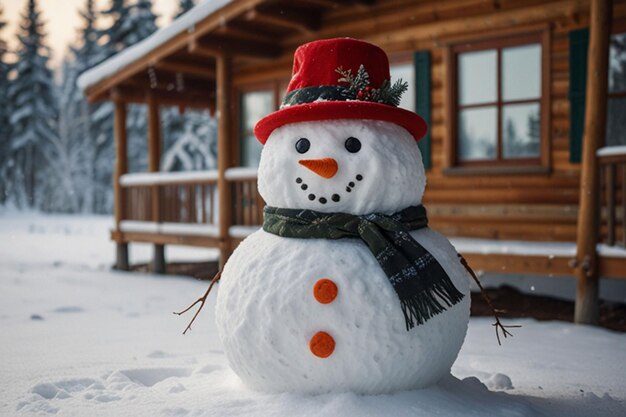 Photo a snowman with a red hat and a scarf