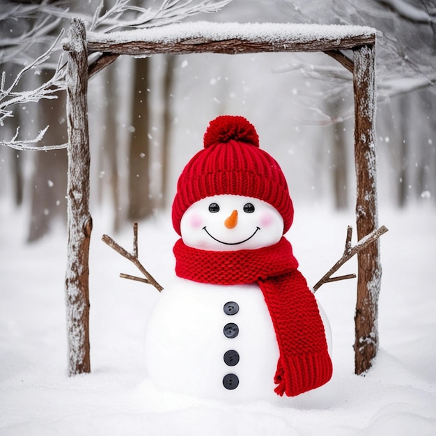 a snowman with a red hat and a scarf