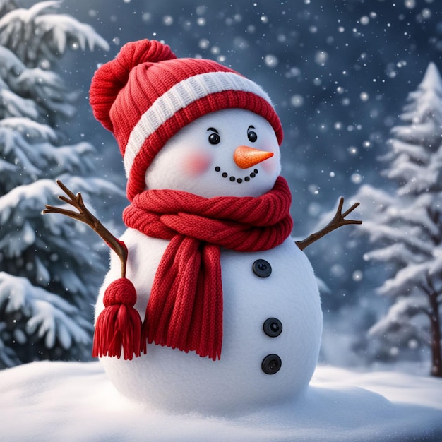 a snowman with a red hat and scarf on