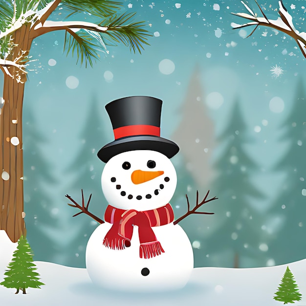 a snowman with a red scarf and a red scarf stands in the snow