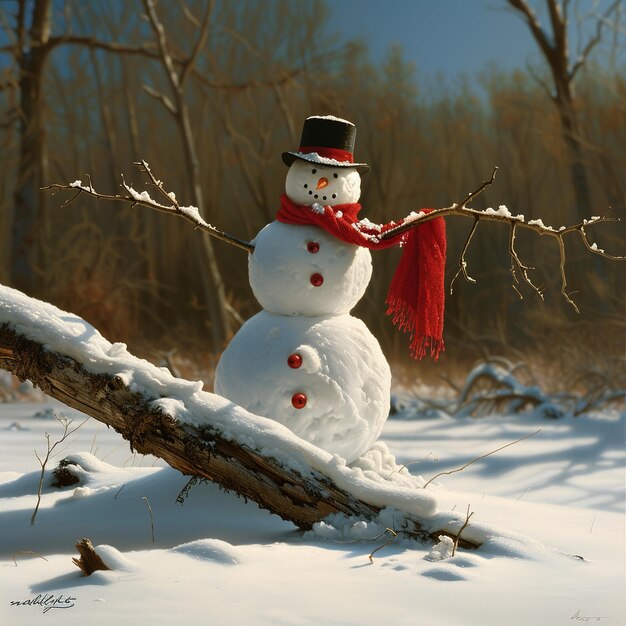 Photo a snowman with a red scarf and a red scarf stands in the snow