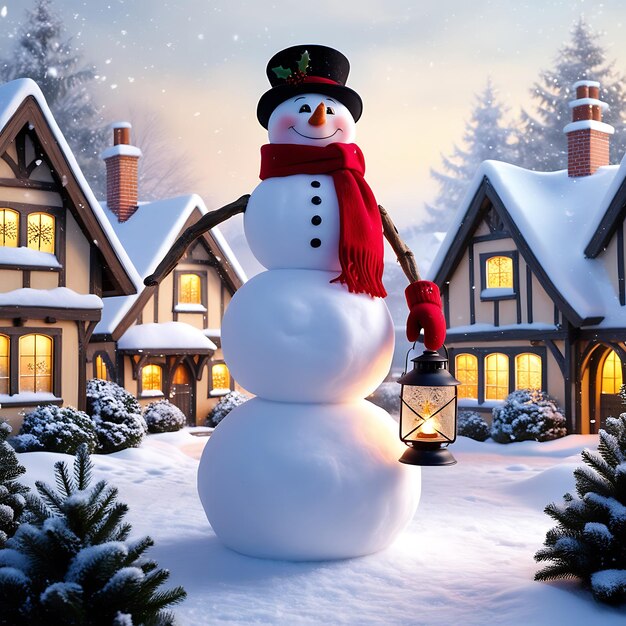 Photo a snowman with a red scarf and a santa hat