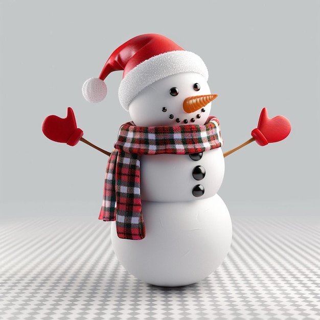 Photo a snowman with a santa hat and gloves holding a wooden stick