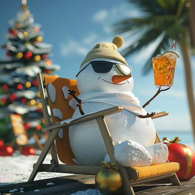 Photo a snowman with a santa hat and a santa hat sits in a chair with a bag of presents