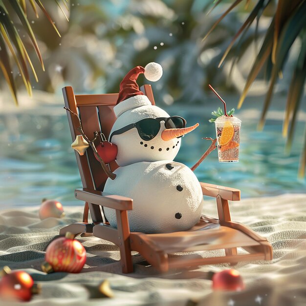 Photo a snowman with a santa hat and a santa hat sits in a chair with a bag of presents