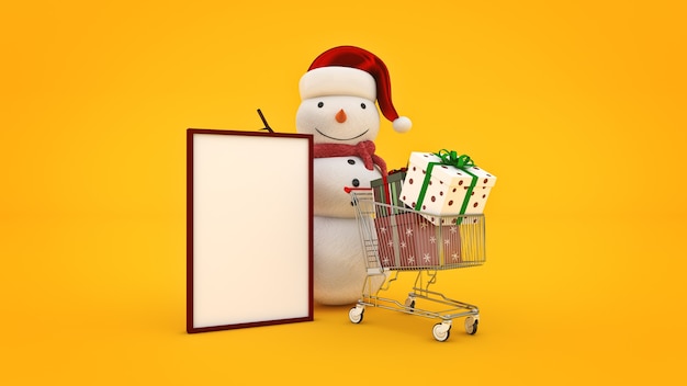 Snowman with santa hat and shopping cart