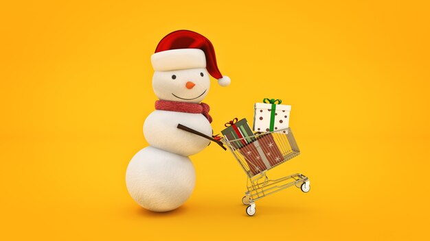 Snowman with santa hat and shopping cart